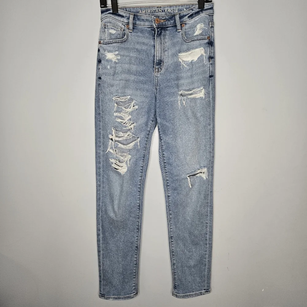 American Eagle‎ Mom Jean Distressed Long Tall womens size 2 ripped Stretch Loose